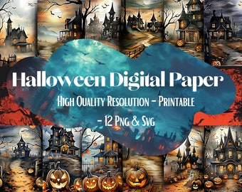 Papel digital de paisaje de Halloween imprimible, escenas de Halloween en acuarela, páginas espeluznantes, descargar diario basura, scrapbooking, fabricación de tarjetas