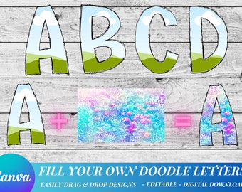Llene sus propias letras Doodle en CANVA Arrastre y suelte letras del alfabeto Alphaset PNG Diseños de marcos de Canva editables