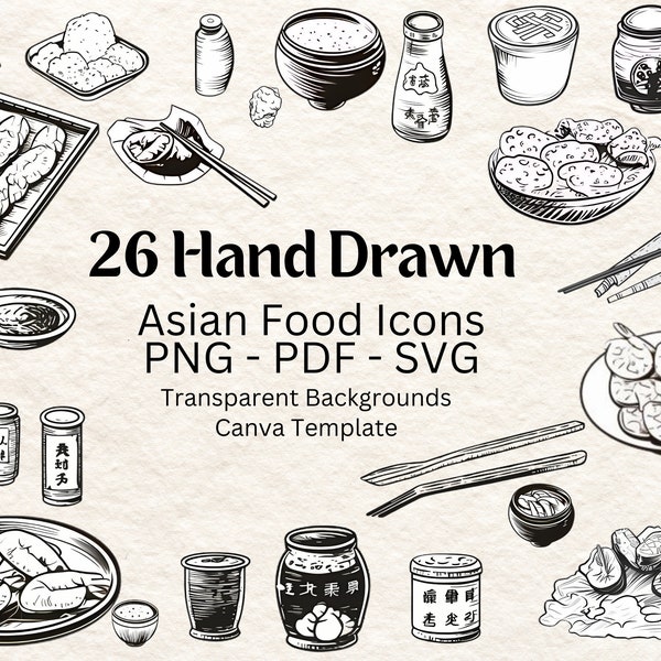 Asian food groceries, hand-drawn Korean snacks, rice noodles, filipino food, soy sauce, mochi, chopsticks, seafood, sushi, Asian ingredients