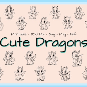 Lindo paquete de dibujos animados de dragón Svg, libro para colorear de bebé dragón imprimible, lindo contorno de dragón Svg, libro para colorear de dragón colorido