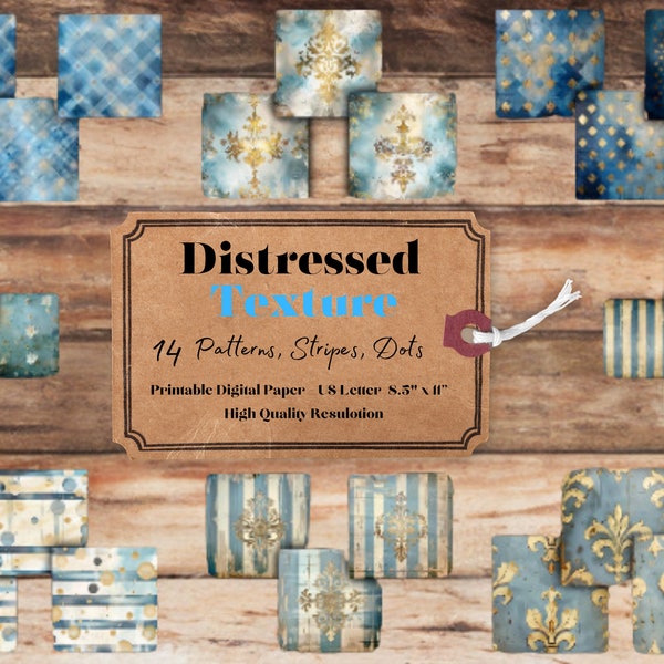 Printable Blue Paper, 21 Sheets, Big Bundle Damask Pattern, Stripes, Dots, Fleur de lis, Distressed Texture, Digital Paper, Size US Letter