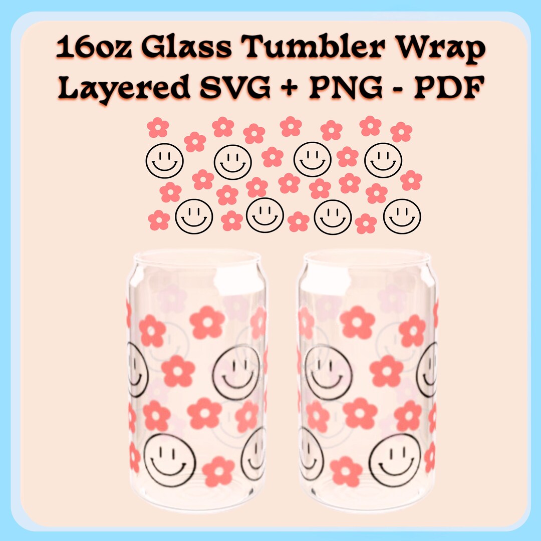 Groovy Smiley Face & Retro Flowers SVG Wrap – 16oz Libbey Glass Can ...