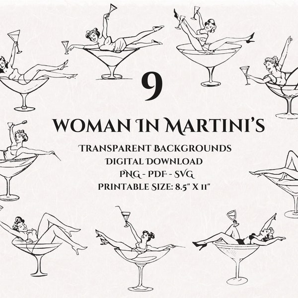 Woman in Martini Glass Illustration SVG PNG Bundle - Bachelorette Party Icon Outline, Hand Drawn Whimsical Clipart, Drawing Wedding Symbol