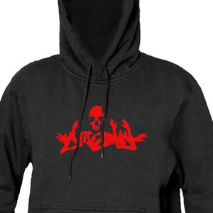Könnte beinhalten: Schwarzer Kapuzenpullover mit einem roten Totenkopf und dem Wort "Extreme" auf der Vorderseite.