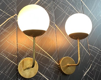 Handcrafted Brass Milk Glass Globe Wall Sconce, Modern Bathroom Vanity Lamp