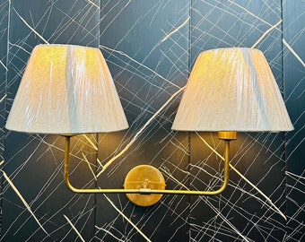 Handcrafted Brass Double Wall Lamp – Fabric Drum Shades, Warm Ambient Sconce
