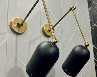 Handcrafted Brass Double Rod Wall Sconce, Mid-Century Modern Vanity Lamp