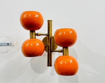 Mid Century Modern Orange Glass Globe Sconce, Brass Wall Lamp (1970s)