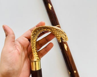 Handmade Wooden Walking Cane - Brass Snake Head, Elegant Foldable Cane