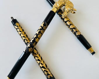 Elegant Black and Gold Walking wooden Cane with Brass Horse Handle