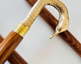 Brass Snake Head Foldable Walking Stick, Wooden Cane