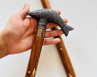 Black Antique Walking Stick with Brass Fish Handle