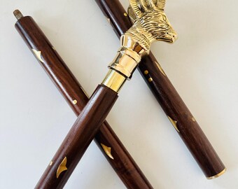 Brass Goat Head Handle Walking Cane, Designer Wooden Walking Stick
