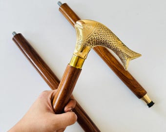 Foldable Wooden Walking Stick, Brass Fish Handle
