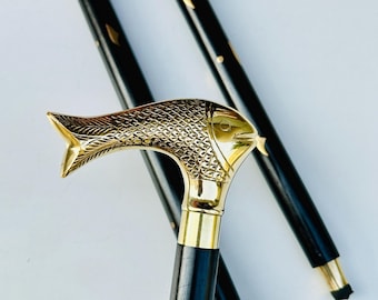 Brass Fish Head Walking Stick, Antique Style Wooden Cane