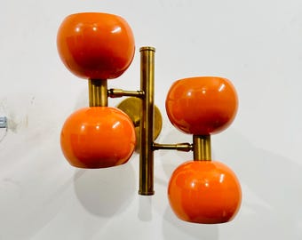 Mid Century Orange & Brass 4-Bulb Sconce | Retro Wall Lamp, Brass Lighting