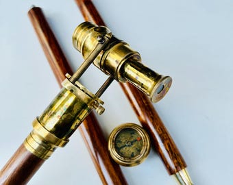 Antique Head Walking Cane, Brass & Brown Wooden Stick