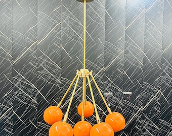Mid Century Modern Orange Glass Chandelier, Retro Sputnik Pendant Light, Brass Ceiling Fixture, Vintage Style Lighting, 6 Globe Hanging Lamp