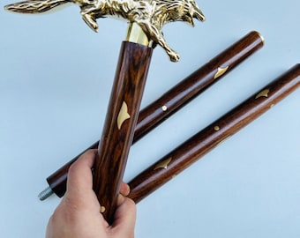 Brass Fox Head Walking Cane: Decorative Brown Wooden Stick