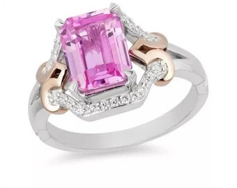Enchanted Disney Aurora Pink Topaz and 1/8 CT. T.W. Diamond Crown Ring in Sterling Silver and Rose Gold Engagement Ring