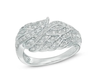 Ring mit Engelsflügeln aus Sterlingsilber, weißer Federring, Zirkonia-Ring, CZ-Diamantring, Verlobungsring, Ehering, Jubiläumsring