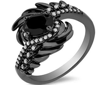 Enchanted Disney Fine Jewelry Sterling Silver with Black Rhodium 1/8 cct Diamond and Onyx Maleficent Wings Ring