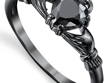 Women's Black Sterling Silver Ring Irish Claddagh Ring Friendship Love Ring Moissanite Black Heart Ring Black Rhodium Black Ring Over Silver