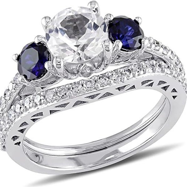 Round Cut Lab-Created White & Blue Sapphire 1/2 Carat T.W. Diamond 3-Piece Engagement Ring 14k White Gold Bridal Ring Set