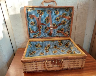 Valise de pique-en osier, valise vintage en osier des années 80 faite à la main, sac en rotin
