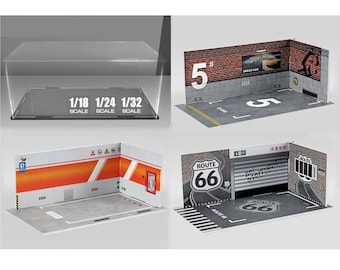 Puede incluir: Cuatro kits de diorama diferentes para coches en miniatura. Cada kit incluye una escena de garaje con paredes, suelo y detalles. Las escenas incluyen una pared de ladrillo con un cartel "5", un garaje de la Ruta 66, un garaje de estacionamiento y un garaje genérico.