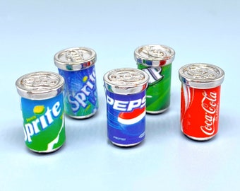 Miniature 5 Cans Of Soda. 7 Up Pepsi Coca-Cola Sprite. Kitchen Drink Dollhouse Accessories 1:12 Scale
