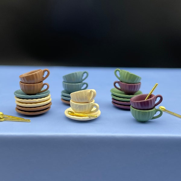 Miniature Coffee Cup, Saucer, Spoon. (Yellow, Blue, Green, Purple or Brown) Dollhouse Accessory 1:24 1/12 Scale