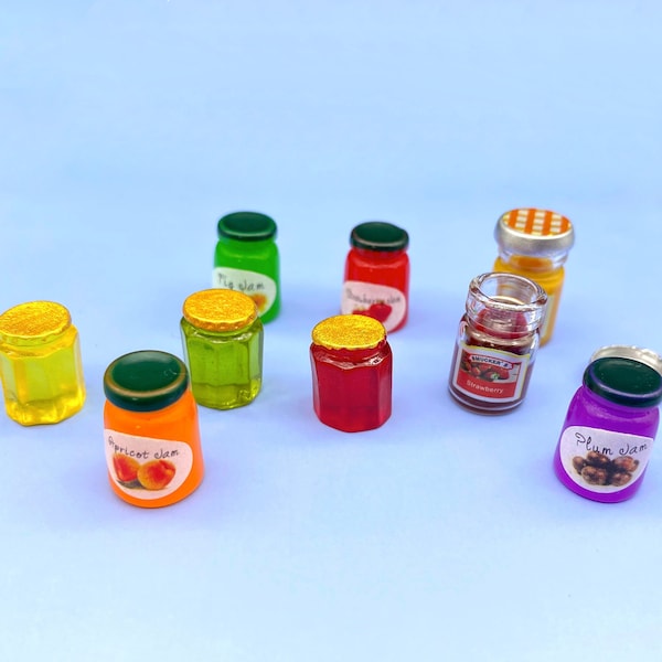 Miniature Jams Conserves. Strawberry,  Apricot, Fig, Plum, Orange Marmalade. Kitchen Food Spreads. Dollhouse Accessories 1:12 Scale