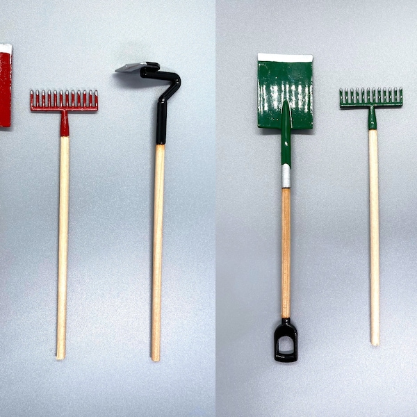 Miniature Rake Spade Set. Choose Red Or Green. Garden Dollhouse Accessories 1:12 Scale