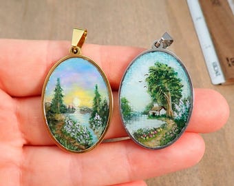 Hand Painted Miniature Landscape Pendant, One of a Kind Wearable Art Necklace, Oval Resin Nature Jewelry with 3D Scene, Gift for Her