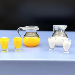 Miniature Milk or Orange Juice set. Jug and glasses. Kitchen Food Drink. Dollhouse Accessories 1:12 Scale
