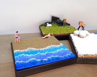 ミニチュアジオラマベース – ビーチ、山、雪景色。1/64 1/87 HOスケール。ダイキャストカーや模型フィギュア用の手作りディスプレイ。