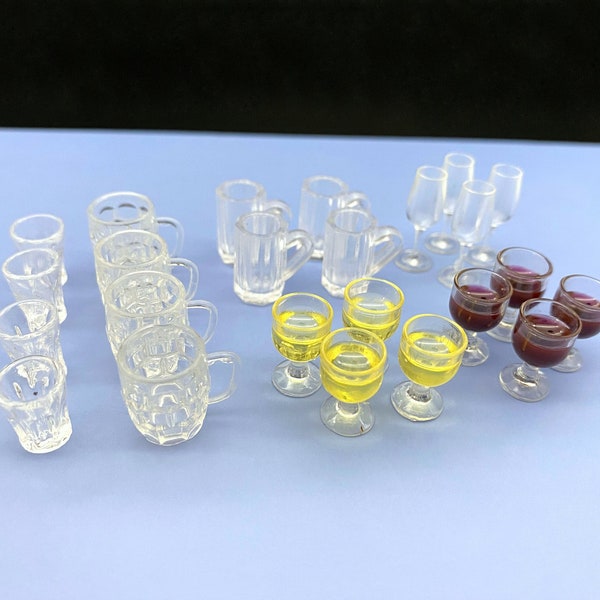 Miniature Drinks Glasses. Beer, Wine, Champagne, Water, Mug. 1:12 Scale