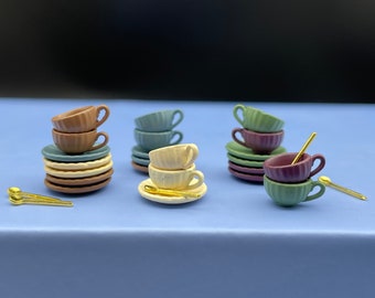 Miniature Coffee Cup, Saucer, Spoon. (Yellow, Blue, Green, Purple or Brown) Dollhouse Accessory 1:24 1/12 Scale