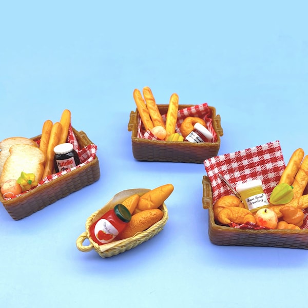 Miniature Food Baskets. Bread Nutella Fruit Jam. Picnic Dollhouse Accessories 1:12 Scale