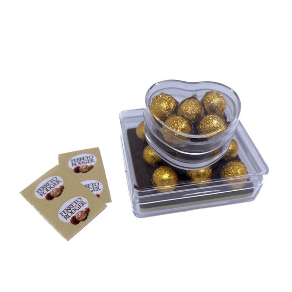 1:6 Scale 2 Miniature Ferrero Rocher Style Chocolate Gift Boxes, Square and Heart Shape. Kitchen Accessory Handmade Model Dollhouse