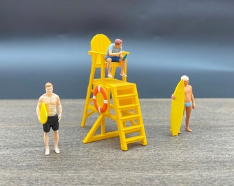 Lifeguard Chair and Tanned Surfer Dude with Surfboard. Miniature Human Figures. 1:64 Scale