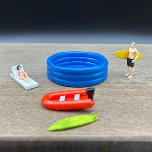 Miniature Beach / Sports Figures. Model. Sunbather, Pool, Boat, Surfboard, Surfer. 1:64 Scale People