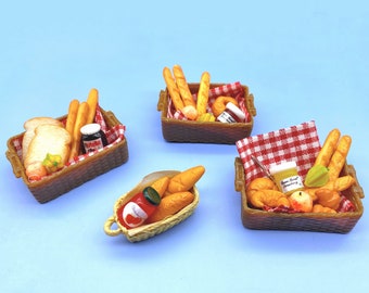 Miniature Food Baskets. Bread Nutella Fruit Jam. Picnic Dollhouse Accessories 1:12 Scale