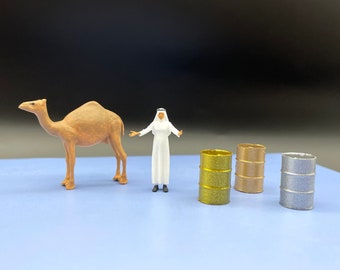 Oil Sheikh, Oil Barrels and Camel. Miniature Figures / Models. 1:64 Scale