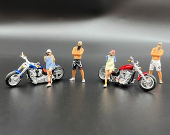 Cruiser Motorbikes with Human Figures. Girl and Guy. Miniature. 1:64 Scale