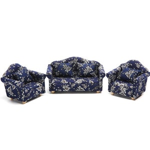 1:12 Scale Miniature 3 Piece Vintage Floral Mini Blue Sofas / Couches