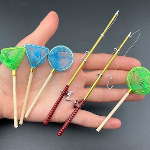 Miniature Fishing rods and nets. Blue or green. Fisherman Dollhouse Accessories 1:12 Scale