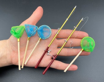 Miniature Fishing rods and nets. Blue or green. Fisherman Dollhouse Accessories 1:12 Scale