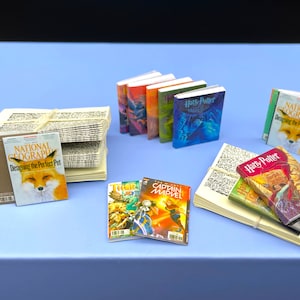 以下が含まれることがあります： 青い表面に置かれたミニチュアの本と雑誌のコレクション。本には、「ハリーポッター」、「ナショナルジオグラフィック」、「ソー」、「キャプテンマーベル」などのタイトルがあります。